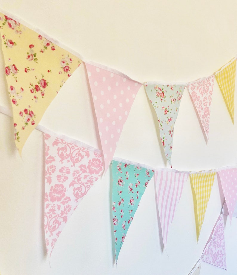Shabby Chic Fabric Banner, Bunting, Garland Pennant Flags, Pink, Blue, Yellow, Wedding Decor, Photo Prop, Baby Nursery Decor, Birthday Party image 4