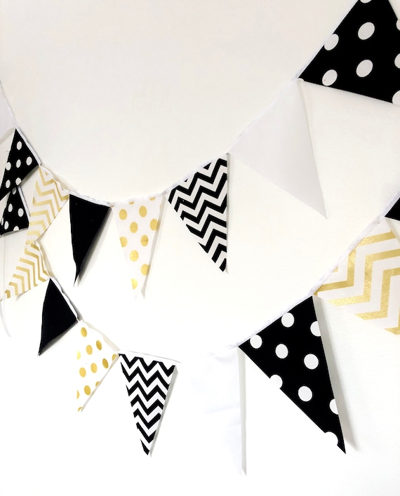 Metallic Gold, Black, White, Fabric Banner Bunting, Pennant Flags, Glitter Gold Wedding Party Banner, Photo Prop, Bridal Decor, Birthday