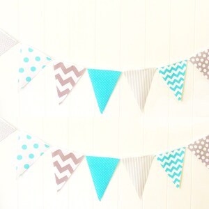 Banner, Bunting, Fabric Pennant Flags, Baby Nursery Decor, Wedding, Birthday Party, Aqua Blue, Grey, Chevron, Polka Dot, Baby Shower Garland image 2