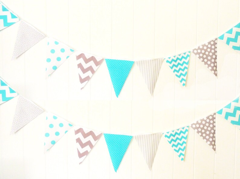 Banner, Bunting, Fabric Pennant Flags, Baby Nursery Decor, Wedding, Birthday Party, Aqua Blue, Grey, Chevron, Polka Dot, Baby Shower Garland image 2