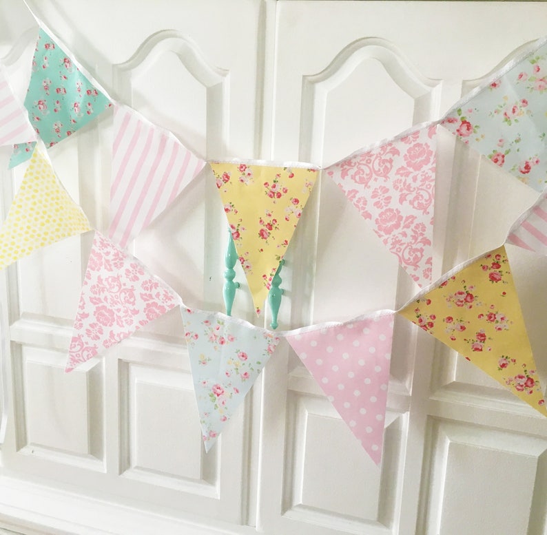 Shabby Chic Fabric Banner, Bunting, Garland Pennant Flags, Pink, Blue, Yellow, Wedding Decor, Photo Prop, Baby Nursery Decor, Birthday Party image 6