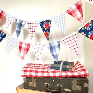 Picnic Gingham Banner, Bunting, Fabric Pennant Floral Garland Flags, Vintage Style Cherry Picnic Party, Wedding, Birthday, Patriotic Decor image 8