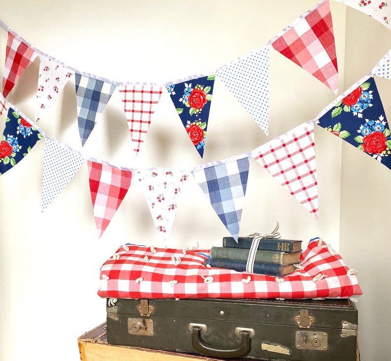 Picnic Gingham Banner, Bunting, Fabric Pennant Floral Garland Flags, Vintage Style Cherry Picnic Party, Wedding, Birthday, Patriotic Decor image 8