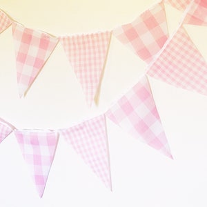 Pink Gingham Party Banner, Bunting, Pennant Flags, Vintage Gingham Light Pink, Wedding Decorations, Baby Boy Shower, Nursery Decor, Birthday image 1