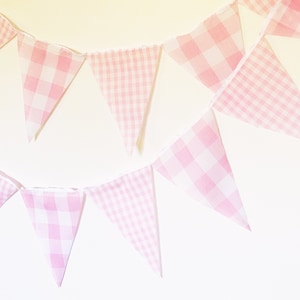 Pink Gingham Party Banner, Bunting, Pennant Flags, Vintage Gingham Light Pink, Wedding Decorations, Baby Boy Shower, Nursery Decor, Birthday image 1