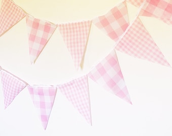 Pink Gingham Party Banner, Bunting, Pennant Flags, Vintage Gingham Light Pink, Wedding Decorations, Baby Boy Shower, Nursery Decor, Birthday