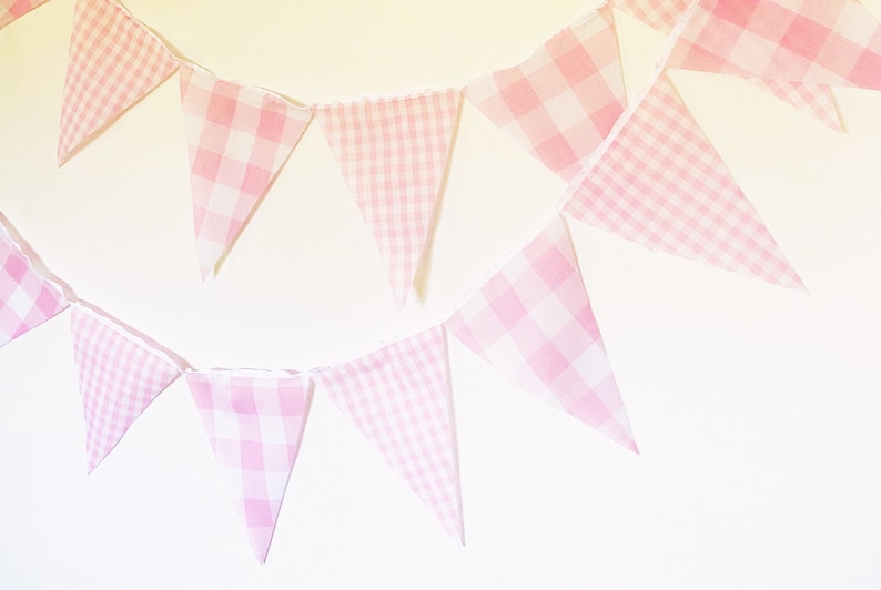 Pink Gingham Party Banner, Bunting, Pennant Flags, Vintage Gingham Light Pink, Wedding Decorations, Baby Boy Shower, Nursery Decor, Birthday image 1