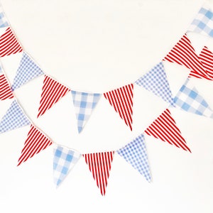 Blue Gingham Red Stripe Party Banner, Bunting, Pennant Flags, Wedding, Baby Boy Shower, Nursery Decor, Birthday Party Flags Garland image 2