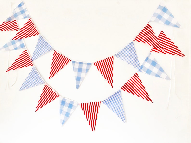 Blue Gingham Red Stripe Party Banner, Bunting, Pennant Flags, Wedding, Baby Boy Shower, Nursery Decor, Birthday Party Flags Garland image 2