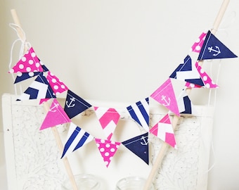 Nautical Cake Topper Banner, Party Mini Cake Bunting, Navy Blue, Hot Pink Anchors, Chevron, Polka Dots, Birthday Party, Wedding, Baby Shower