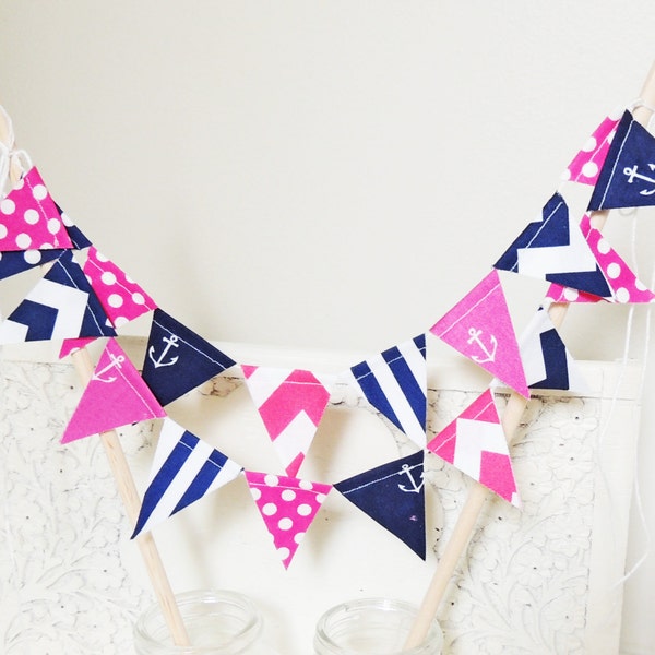 Nautical Cake Topper Banner, Party Mini Cake Bunting, Navy Blue, Hot Pink Anchors, Chevron, Polka Dots, Birthday Party, Wedding, Baby Shower