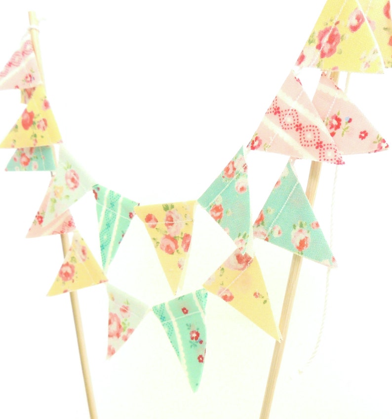 Shabby Chic Cake Banner Topper, Floral Cake Bunting Fabric Pennant Flags, Girl Birthday Party, Baby Shower Banner Cake Smash Cake Photo Prop image 1