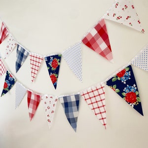 Picnic Gingham Banner, Bunting, Fabric Pennant Floral Garland Flags, Vintage Style Cherry Picnic Party, Wedding, Birthday, Patriotic Decor image 2