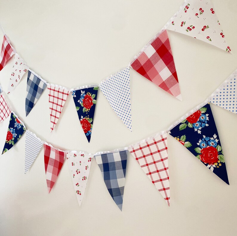 Picnic Gingham Banner, Bunting, Fabric Pennant Floral Garland Flags, Vintage Style Cherry Picnic Party, Wedding, Birthday, Patriotic Decor image 2