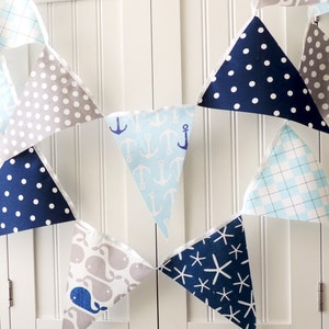 Nautical Baby Shower Banner, Bunting, Fabric Pennant Flags, Navy, Light Blue, Grey Whale, Anchor, Blue, Birthday Party Garland Wedding Decor image 1