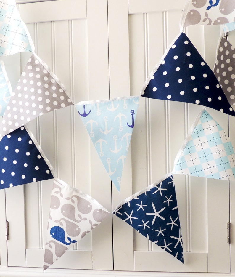 Nautical Baby Shower Banner, Bunting, Fabric Pennant Flags, Navy, Light Blue, Grey Whale, Anchor, Blue, Birthday Party Garland Wedding Decor image 1