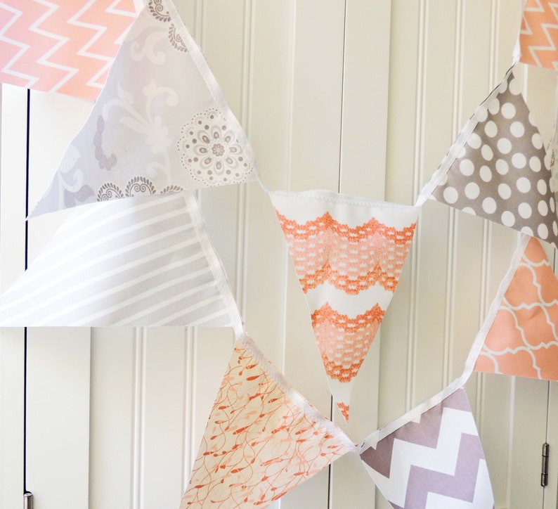 Banner, Bunting, Cotton Fabric Flags, Party Banner, Nectarine, Soft Peach, Grey and White, Wedding Decor, Photo Prop, Baby Nursery Decor image 3