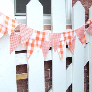 Banner Bunting Fabric Pennant Flags, Garland Vintage Style Gingham Orange Party, Bunting Pennant, Autumn Wedding, Birthday Party, Photo Prop image 5