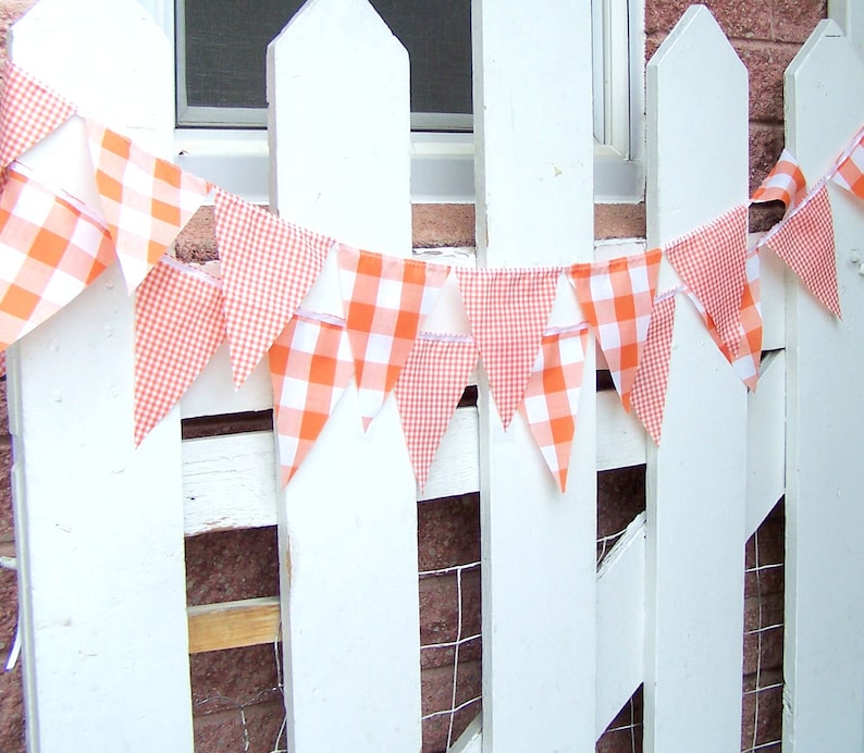 Banner Bunting Fabric Pennant Flags, Garland Vintage Style Gingham Orange Party, Bunting Pennant, Autumn Wedding, Birthday Party, Photo Prop image 5