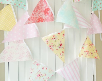 Shabby Chic Fabric Banner, Bunting, Pennant Flags, Pink, Blue, Aqua, Yellow, Wedding Decor, Photo Prop, Baby Nursery Decor, Birthday Party