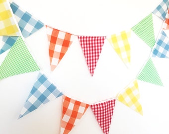 Vintage Gingham Bunting, Fabric Garland Flags, Yellow, Red, Green, Orange, Blue, Birthday Party, Wedding Decor, Baby Nursery