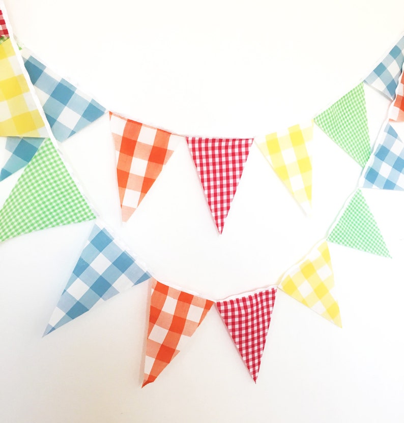 Vintage Gingham Bunting, Fabric Garland Flags, Yellow, Red, Green, Orange, Blue, Birthday Party, Wedding Decor, Baby Nursery image 1