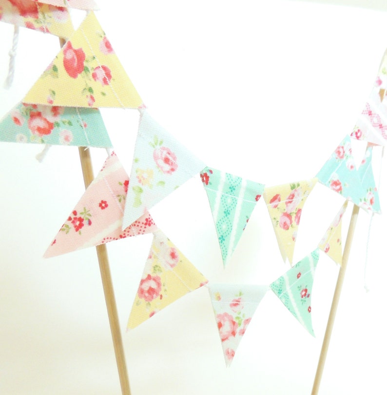 Shabby Chic Cake Banner Topper, Floral Cake Bunting Fabric Pennant Flags, Girl Birthday Party, Baby Shower Banner Cake Smash Cake Photo Prop image 3