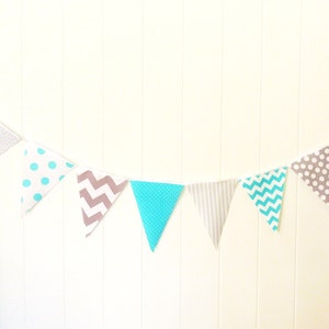 Banner, Bunting, Fabric Pennant Flags, Baby Nursery Decor, Wedding, Birthday Party, Aqua Blue, Grey, Chevron, Polka Dot, Baby Shower Garland image 5