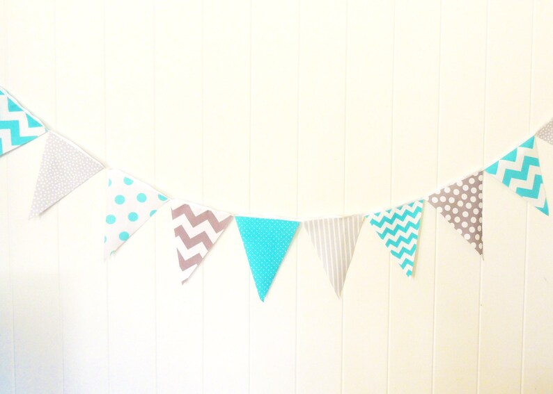 Banner, Bunting, Fabric Pennant Flags, Baby Nursery Decor, Wedding, Birthday Party, Aqua Blue, Grey, Chevron, Polka Dot, Baby Shower Garland image 5