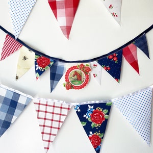 Picnic Gingham Banner, Bunting, Fabric Pennant Floral Garland Flags, Vintage Style Cherry Picnic Party, Wedding, Birthday, Patriotic Decor image 9