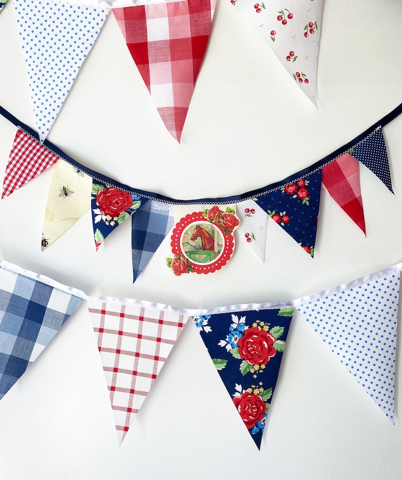 Picnic Gingham Banner, Bunting, Fabric Pennant Floral Garland Flags, Vintage Style Cherry Picnic Party, Wedding, Birthday, Patriotic Decor image 9