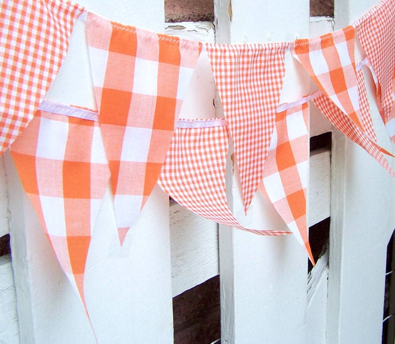 Banner Bunting Fabric Pennant Flags, Garland Vintage Style Gingham Orange Party, Bunting Pennant, Autumn Wedding, Birthday Party, Photo Prop image 2