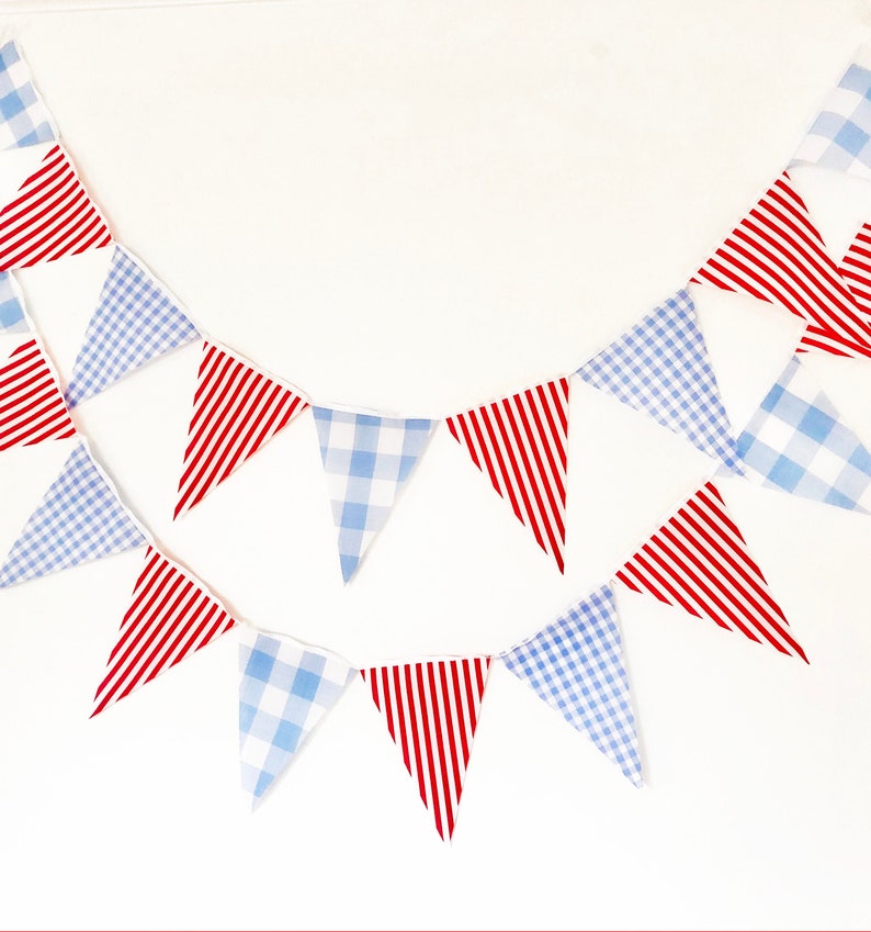 Blue Gingham Red Stripe Party Banner, Bunting, Pennant Flags, Wedding, Baby Boy Shower, Nursery Decor, Birthday Party Flags Garland image 1