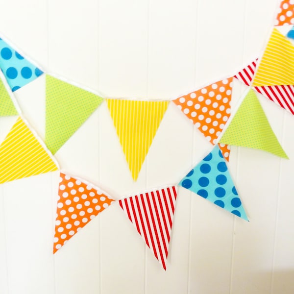 Circus Bunting, Banner, Fabric Pennant Flag Garland, Birthday Party, Photo Prop, Orange, Red, Lime, Yellow, Blue, Polka Dot, Clown Stripe