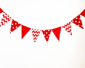 Bunting, Banner Fabric Pennant Garland Flags, Red, Polka Dot, Chevron, Baby Nursery, Birthday Party Banner, Photo Prop, Wedding Garland