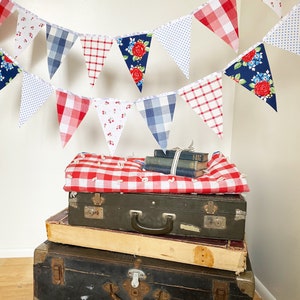 Picnic Gingham Banner, Bunting, Fabric Pennant Floral Garland Flags, Vintage Style Cherry Picnic Party, Wedding, Birthday, Patriotic Decor image 4