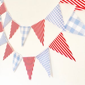 Blue Gingham Red Stripe Party Banner, Bunting, Pennant Flags, Wedding, Baby Boy Shower, Nursery Decor, Birthday Party Flags Garland image 4