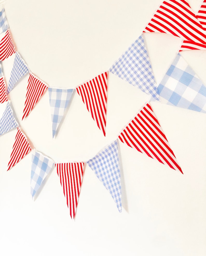 Blue Gingham Red Stripe Party Banner, Bunting, Pennant Flags, Wedding, Baby Boy Shower, Nursery Decor, Birthday Party Flags Garland image 4