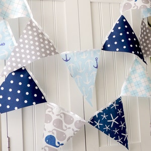 Nautical Baby Shower Banner, Bunting, Fabric Pennant Flags, Navy, Light Blue, Grey Whale, Anchor, Blue, Birthday Party Garland Wedding Decor image 3
