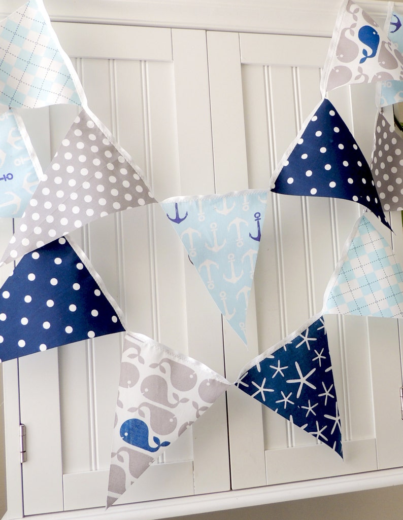 Nautical Baby Shower Banner, Bunting, Fabric Pennant Flags, Navy, Light Blue, Grey Whale, Anchor, Blue, Birthday Party Garland Wedding Decor image 3