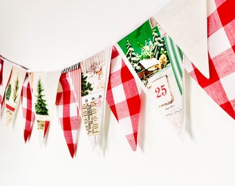 Guirlande de Noël vintage rouge vichy rustique, bannière, banderoles, tissu, arbre de Noël, cerf, vert antique, chèque de buffle rouge, scandinave
