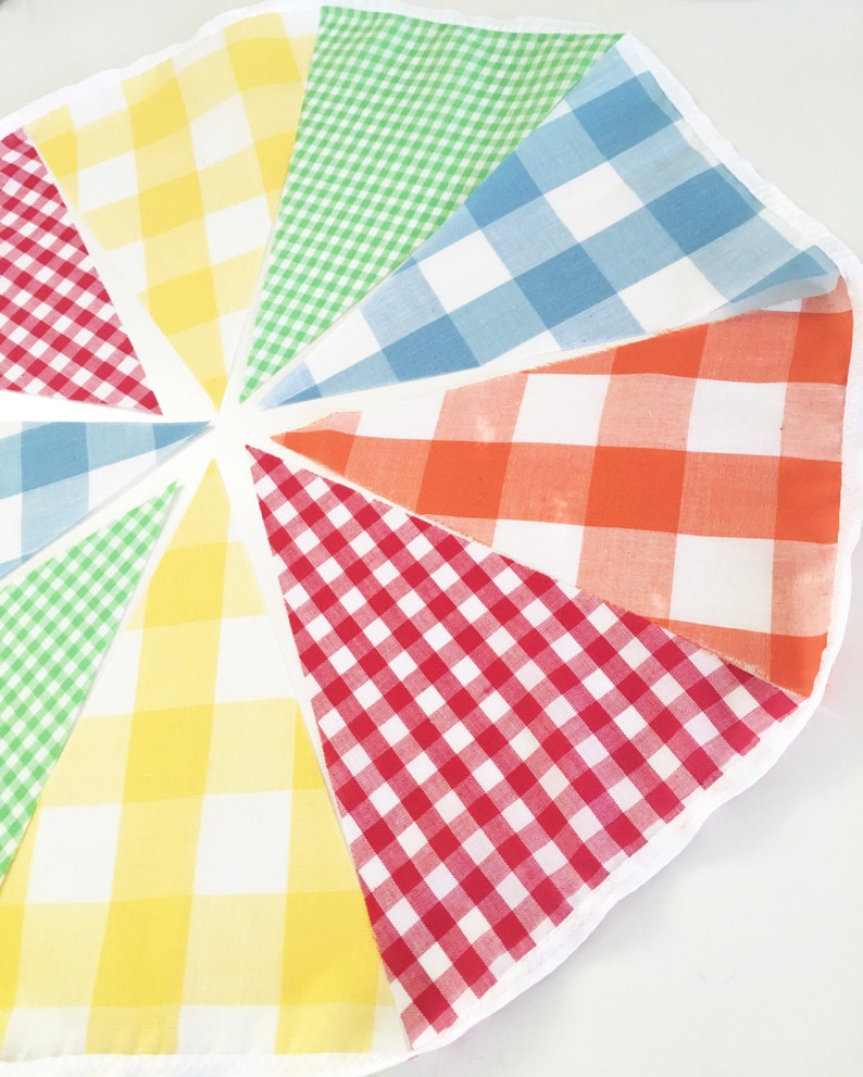 Vintage Gingham Bunting, Fabric Garland Flags, Yellow, Red, Green, Orange, Blue, Birthday Party, Wedding Decor, Baby Nursery image 3