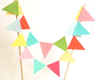 Cake Topper Banner, Solid Colored Pink, Mint, Coral Party Cake Bunting, Fabric Pennant Flags, Wedding, Birthday Cake, Baby Shower Garland