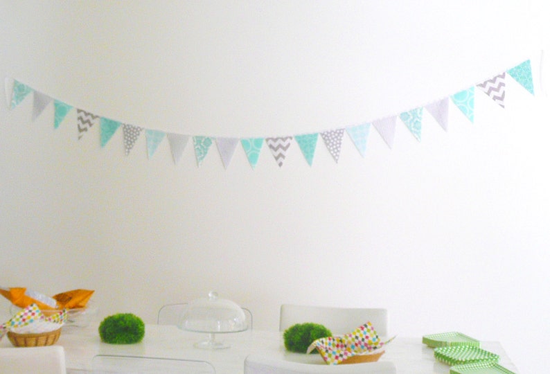 Banner, Bunting, stof wimpel vlaggen, Baby Nursery Decor, bruiloft, verjaardagsfeest, Turquoise, Aqua blauw, grijs, Chevron, Dot, Baby Shower afbeelding 3