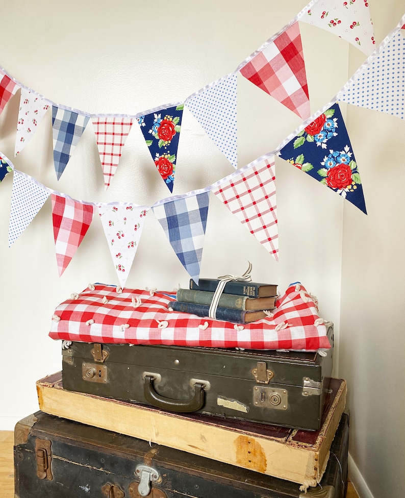 Picnic Gingham Banner, Bunting, Fabric Pennant Floral Garland Flags, Vintage Style Cherry Picnic Party, Wedding, Birthday, Patriotic Decor image 7