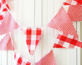 Gingham Banner, Bunting, Fabric Pennant Garland Flags, Baby Shower, Vintage Style Gingham Red Party, Wedding, Birthday Party, Photo Prop