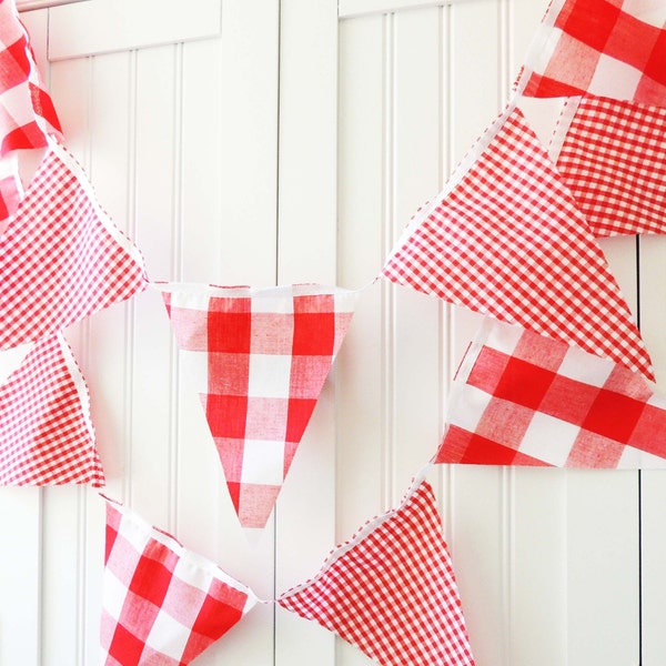 Gingham Banner, Bunting, Fabric Pennant Garland Flags, Baby Shower, Vintage Style Gingham Red Party, Wedding, Birthday Party, Photo Prop