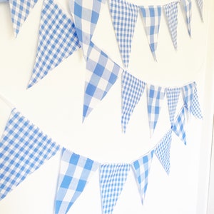 Blue Gingham Party Banner, Bunting, Pennant Flags, Vintage Style Gingham Blue, Wedding Decorations, Baby Boy Shower, Nursery Decor, Birthday