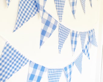 Blue Gingham Party Banner, Bunting, Pennant Flags, Vintage Style Gingham Blue, Wedding Decorations, Baby Boy Shower, Nursery Decor, Birthday