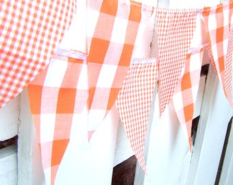 Banner Bunting Fabric Pennant Flags, Garland Vintage Style Gingham Orange Party, Bunting Pennant, Autumn Wedding, Birthday Party, Photo Prop